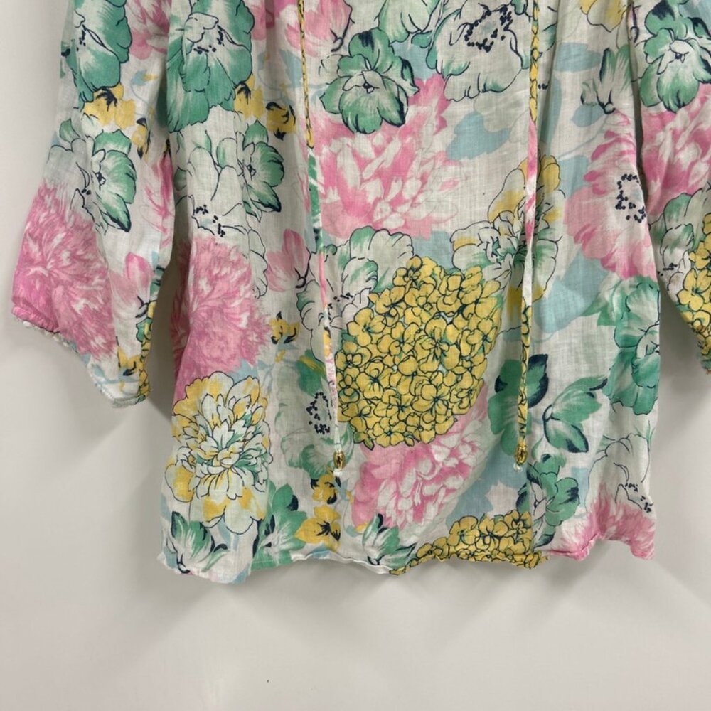 Charter Club 100% Linen Floral Peasant Top Cottagecore Boho Blouse Pastel size L - Picture 2 of 12